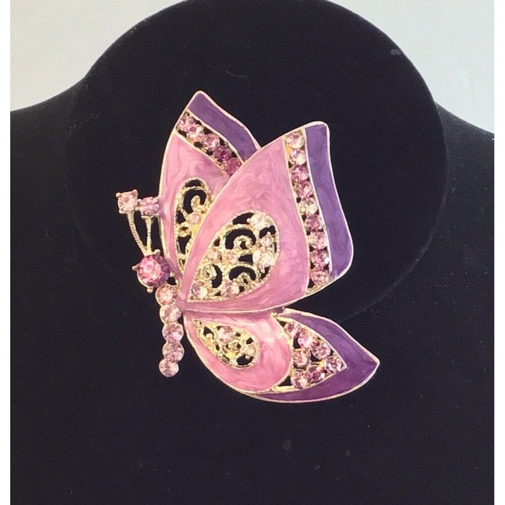 Vtg Roman Purple & Pink Enamel & Rhinestone Brooch,Size 2.5”,Marked